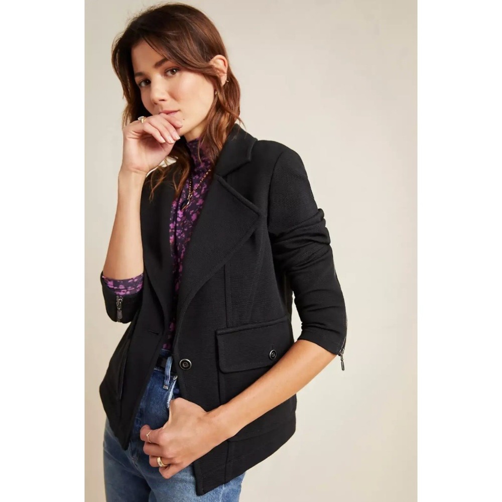Anthropologie Surin Moto Jacket Sz XS Black Ponte Knit Patch Pockets Biker Edgy